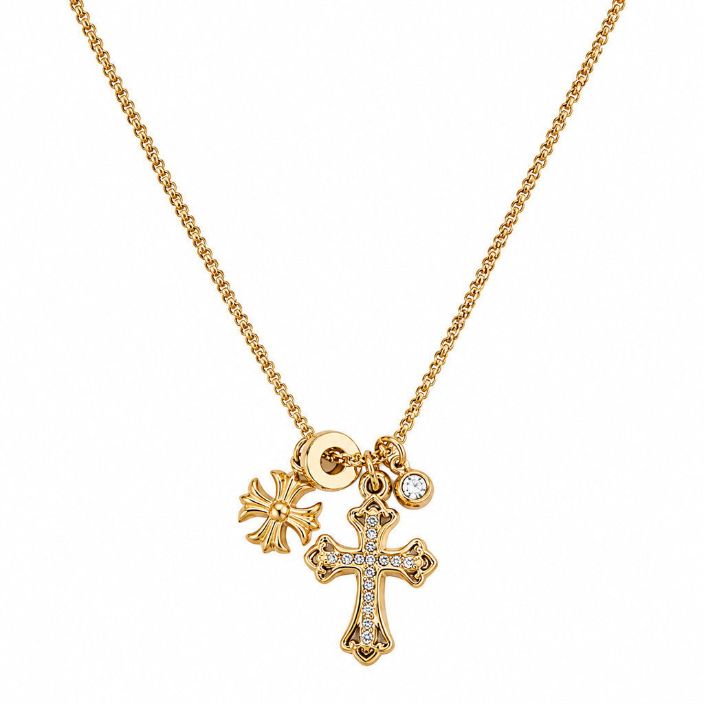 18K Gold Plated Multi-Charm Cross Pendant Necklace – Cubic Zirconia Gothic Cross Jewellery