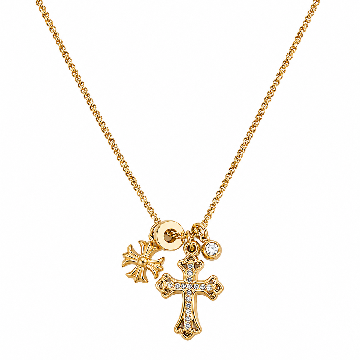 18K Gold Plated Multi-Charm Cross Pendant Necklace – Cubic Zirconia Gothic Cross Jewellery