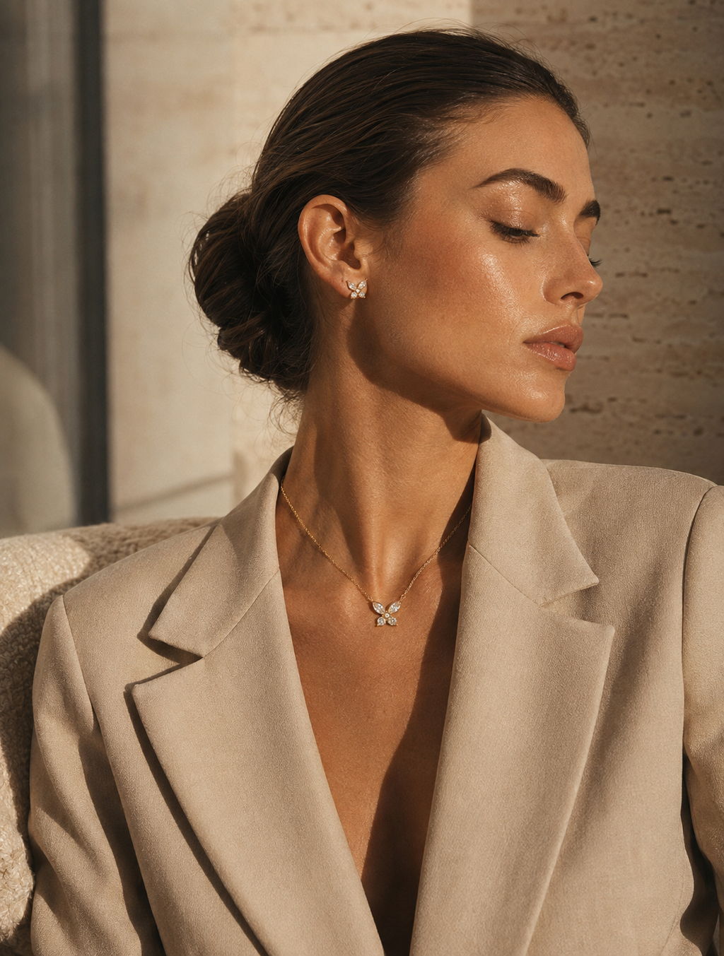 18K Gold Crystal Butterfly Pendant Necklace – Delicate Marquise Cubic Zirconia Chain