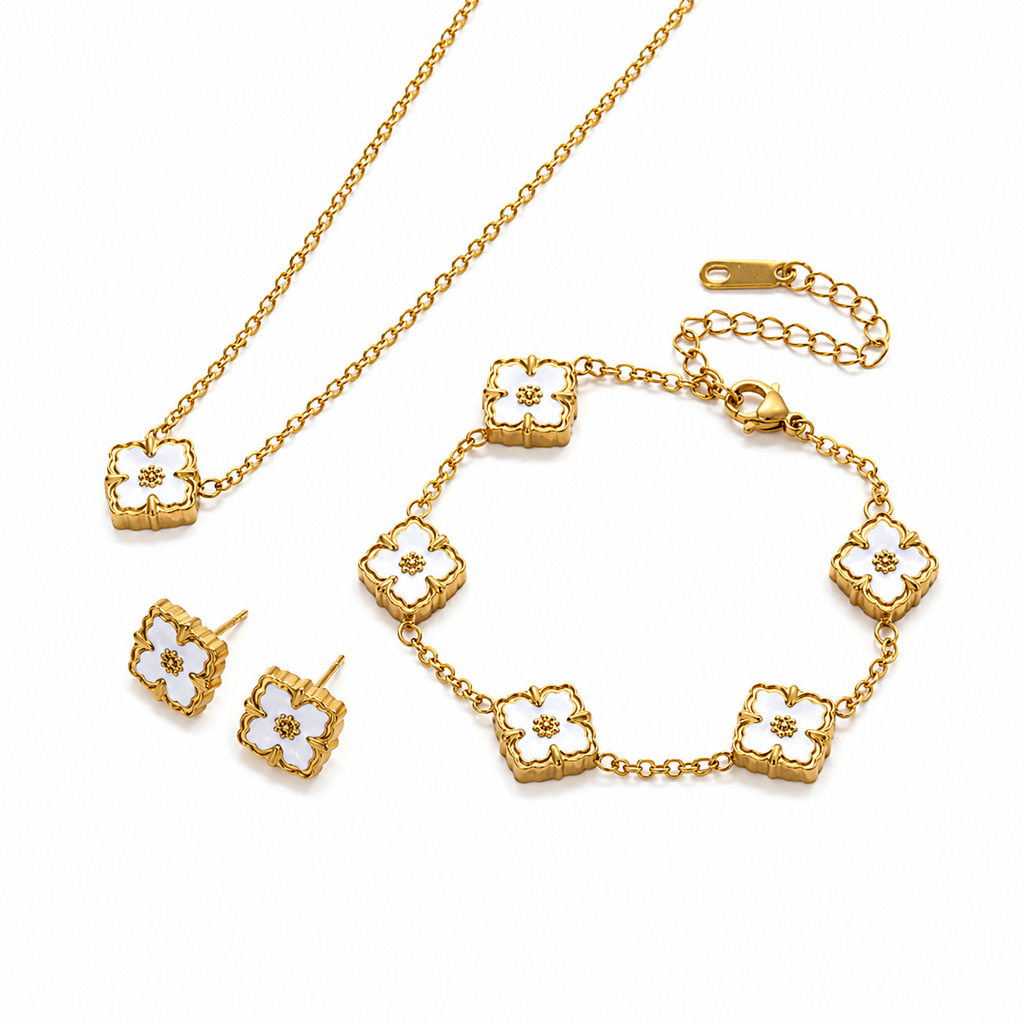 Gold-Plated Four-Leaf Clover Jewellery Set | Necklace, Bracelet & Stud Earrings | Floral Enamel Design | Gift for Women