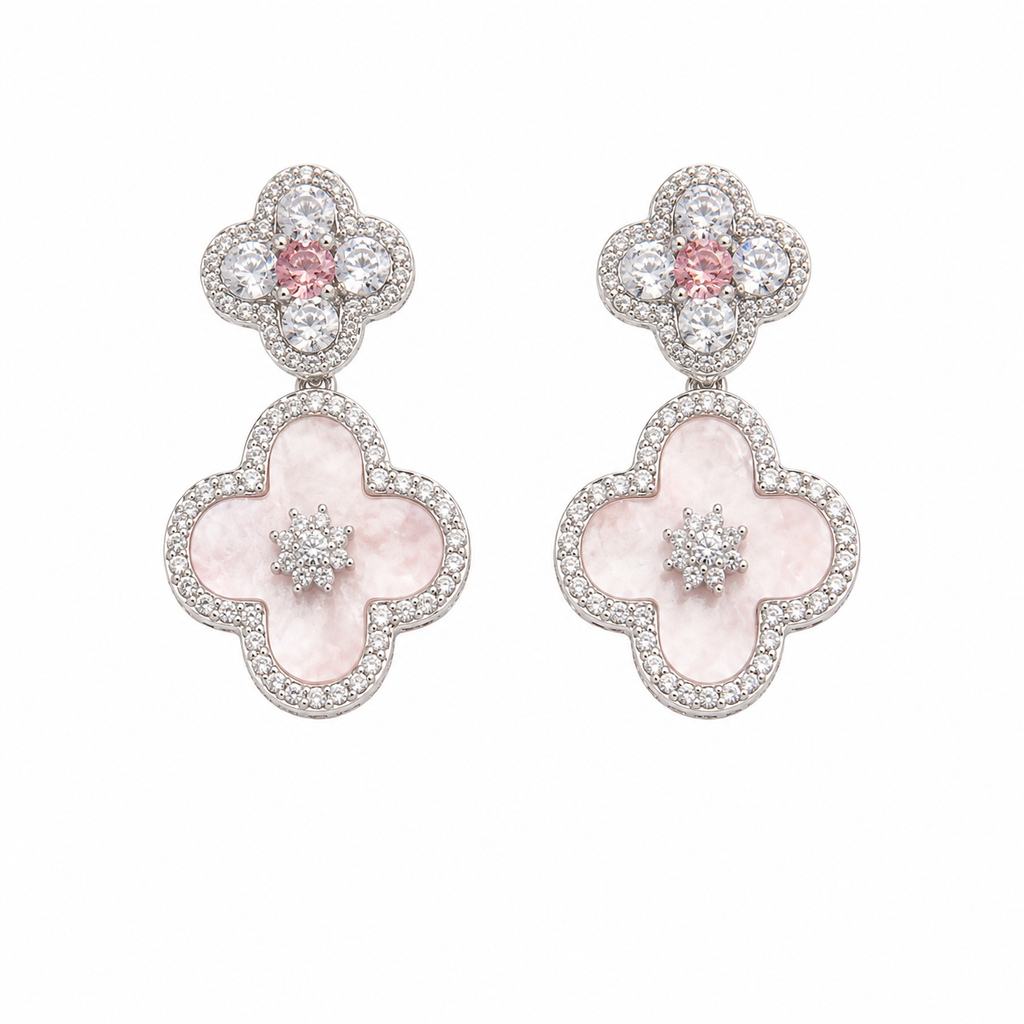 Luxury Four-Leaf Clover Earrings with Pink Stone & CZ Crystals for Women – Elegant Floral Drop Statement Jewellery