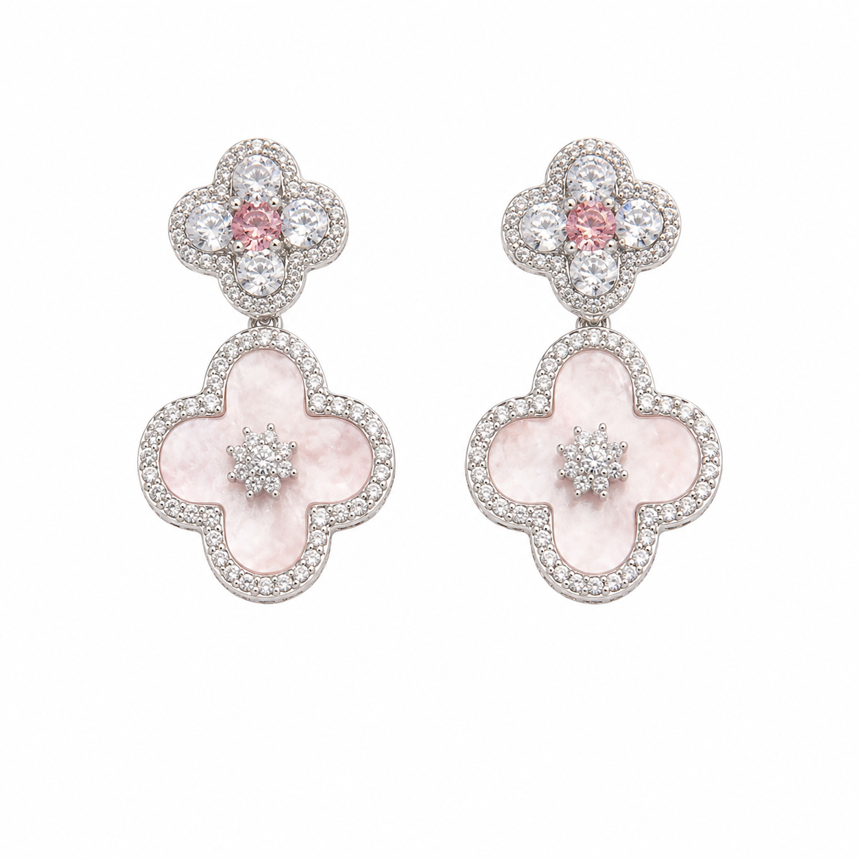 Luxury Four-Leaf Clover Earrings with Pink Stone & CZ Crystals for Women – Elegant Floral Drop Statement Jewellery
