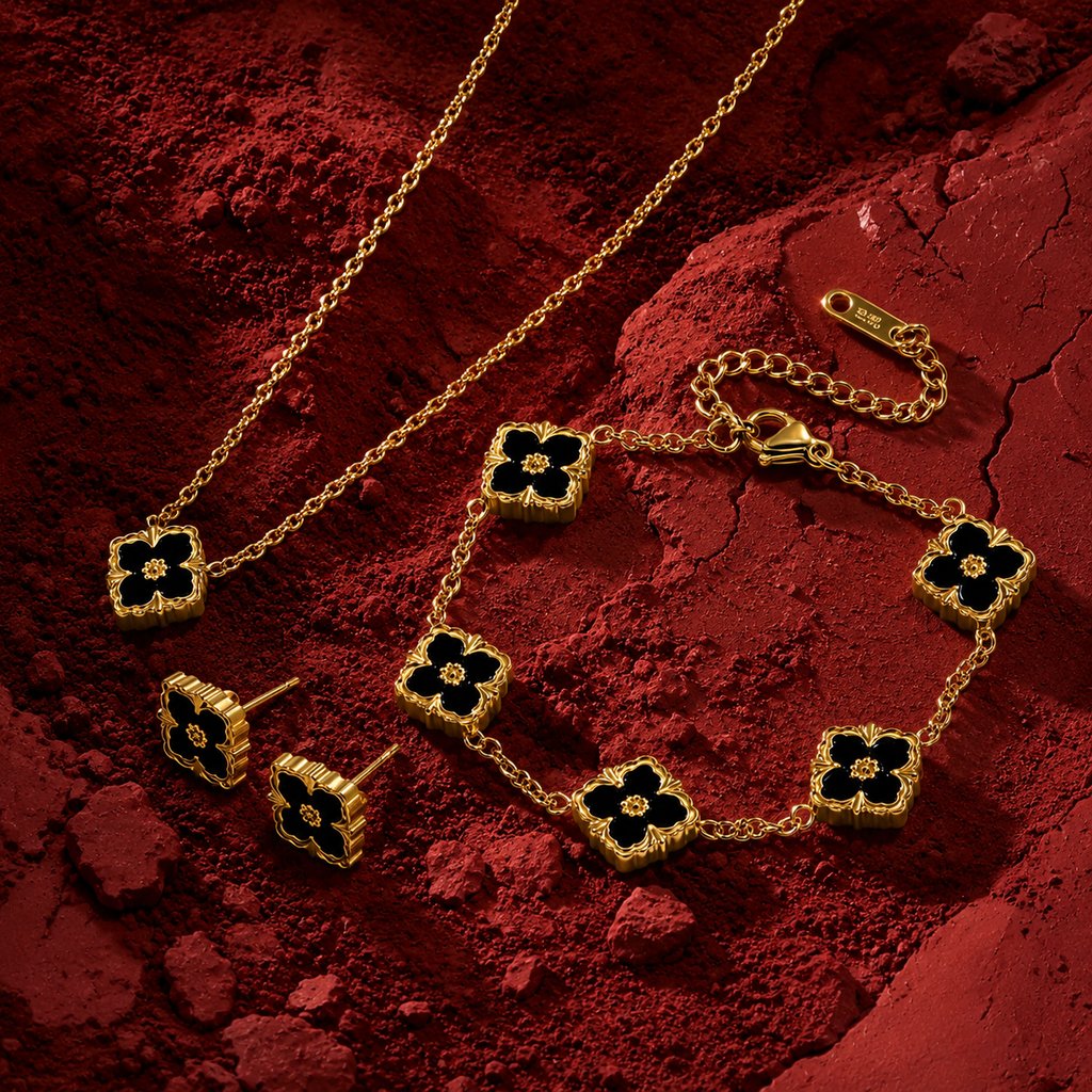 Gold-Plated Four-Leaf Clover Jewellery Set | Necklace, Bracelet & Stud Earrings | Floral Enamel Design | Gift for Women