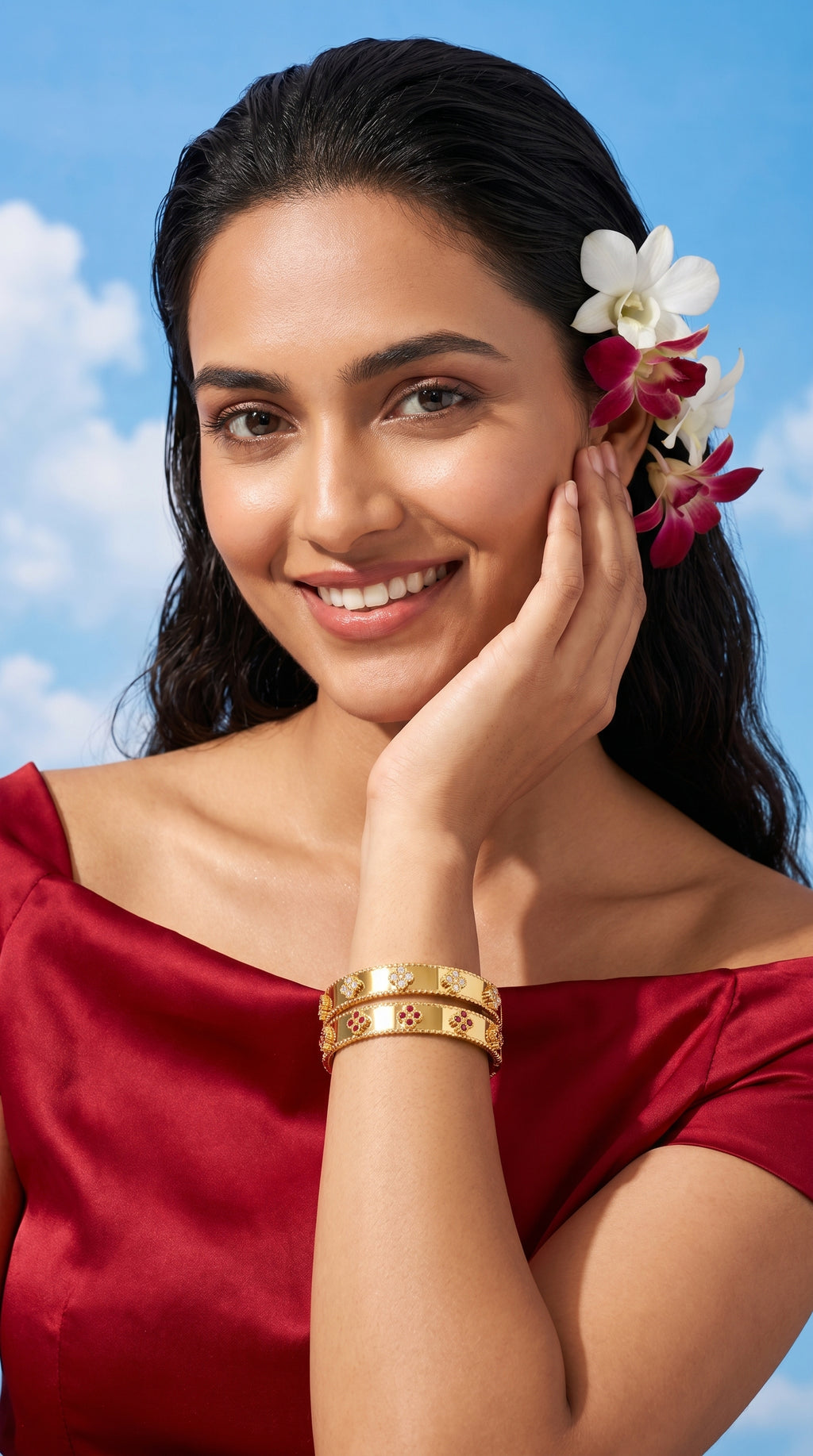 Ruby Crystal Alhambra Bangle – Luxury Gold Clover Bracelet for Women