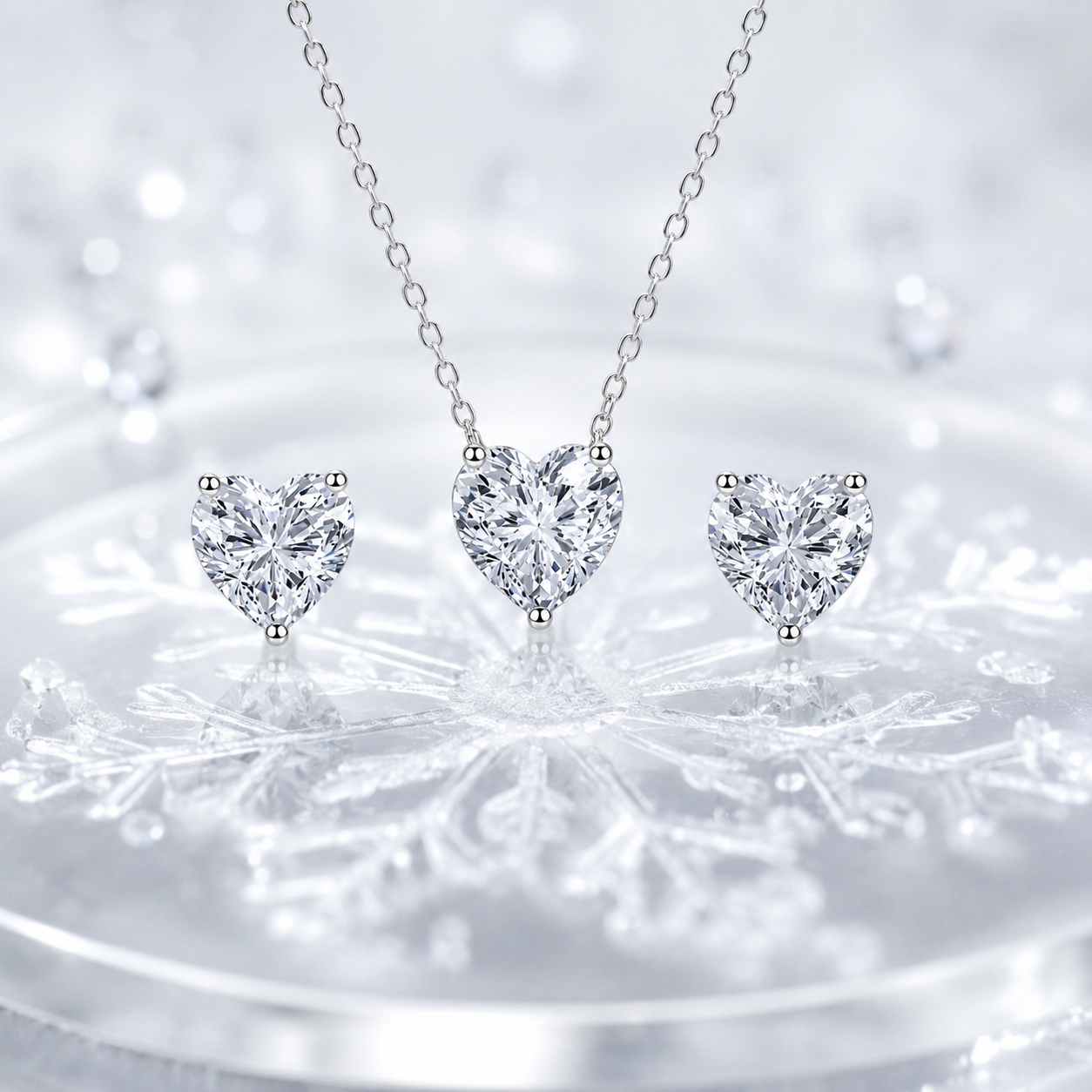 925 Sterling Silver Heart Cut Cubic Zirconia Necklace & Stud Earrings Jewellery Set for Women – Elegant Matching Silver Gift Set
