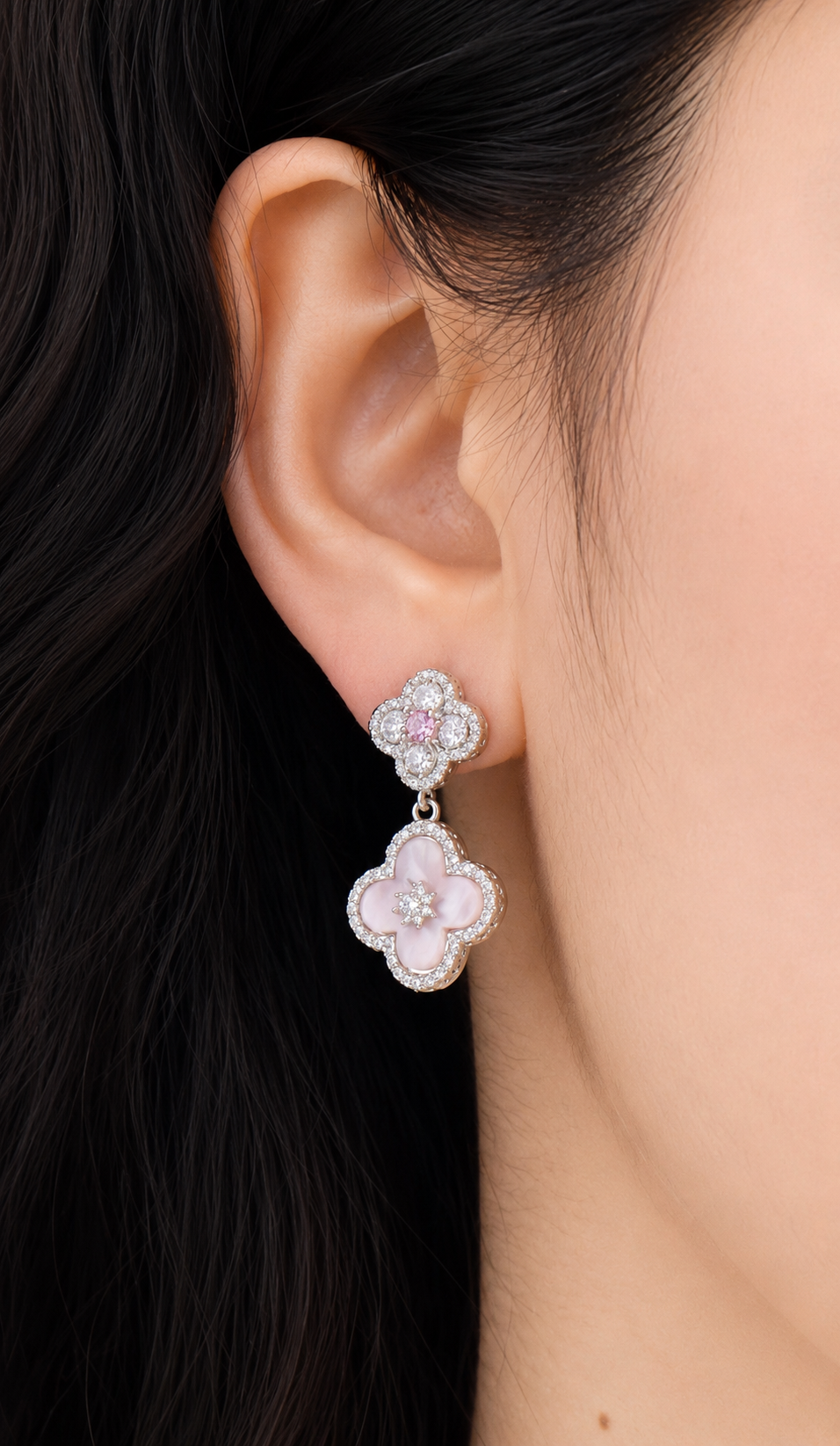 Luxury Four-Leaf Clover Earrings with Pink Stone & CZ Crystals for Women – Elegant Floral Drop Statement Jewellery