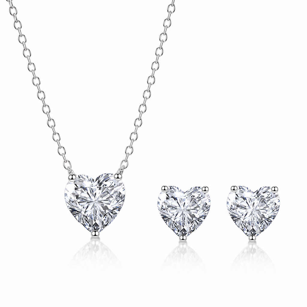 925 Sterling Silver Heart Cut Cubic Zirconia Necklace & Stud Earrings Jewellery Set for Women – Elegant Matching Silver Gift Set