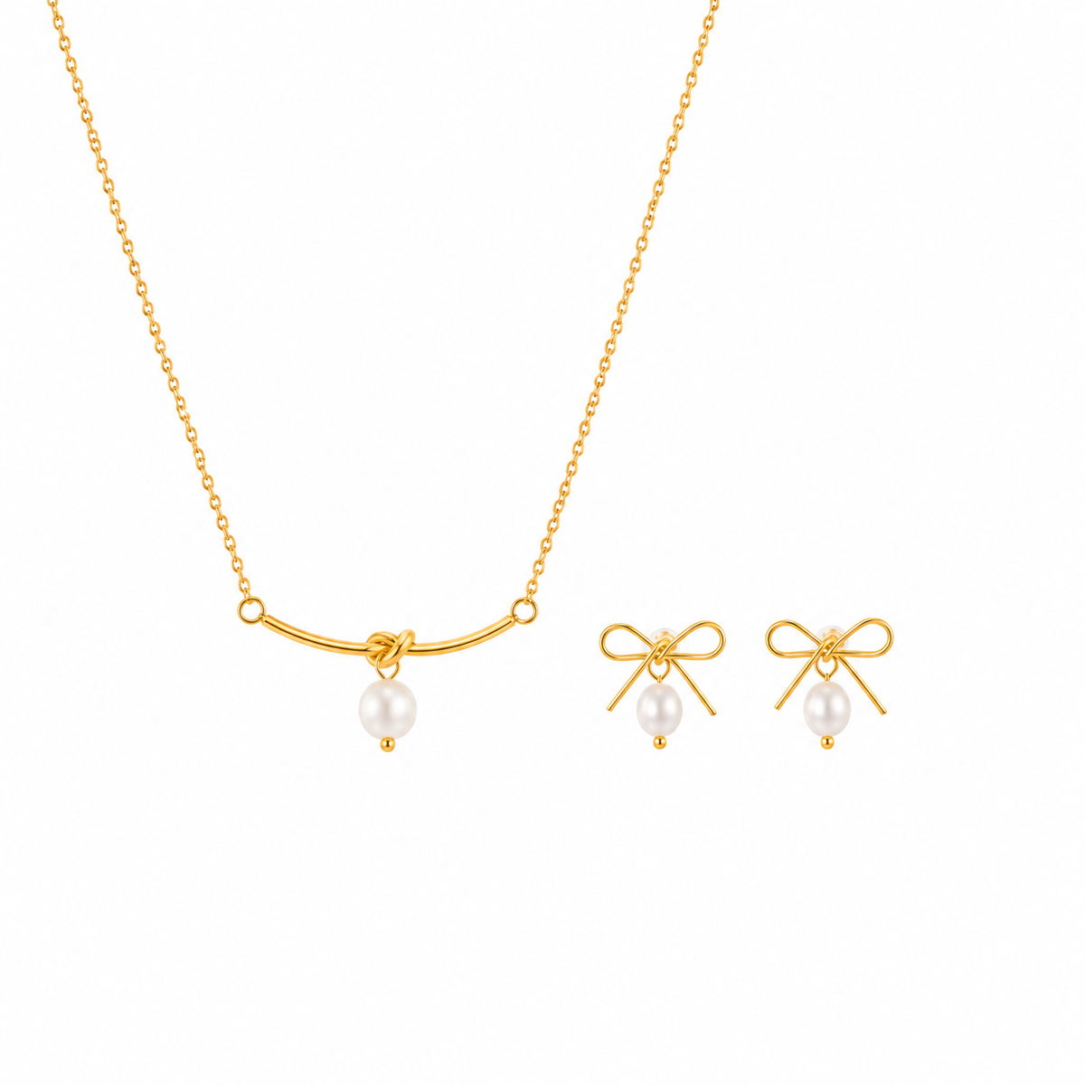 Elegant Gold-Tone Pearl Jewellery Set – Bow Design Necklace & Earrings