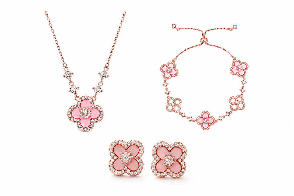 Elegant Pink Flower Jewellery Set for Women – Crystal Clover Necklace, Bracelet & Earrings Collection