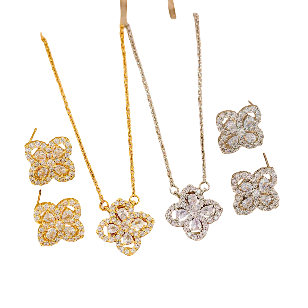 Classic Silver Floral Jewellery Set – Cubic Zirconia Necklace &amp; Earrings