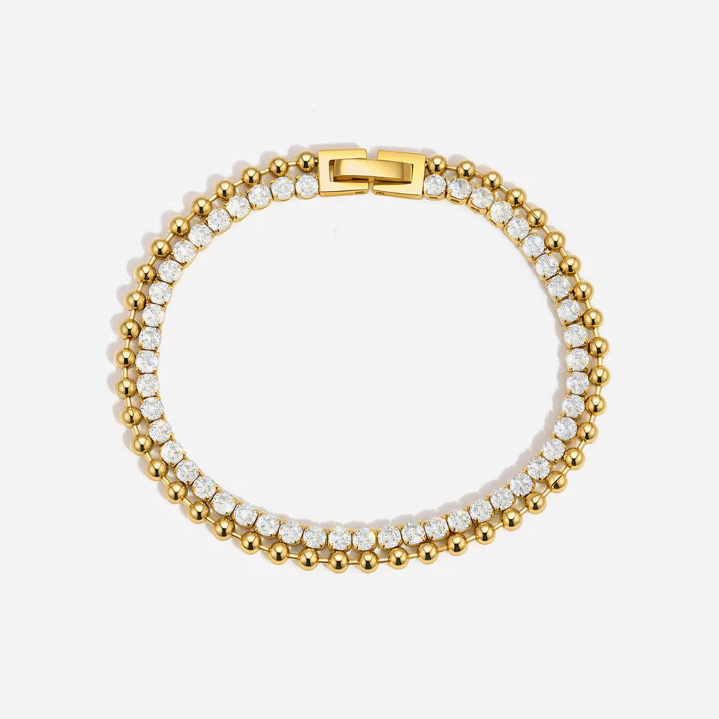 Luxury Gold Plated Tennis Bracelet – Sparkling Round Cubic Zirconia Beaded Link Bracelet for Women