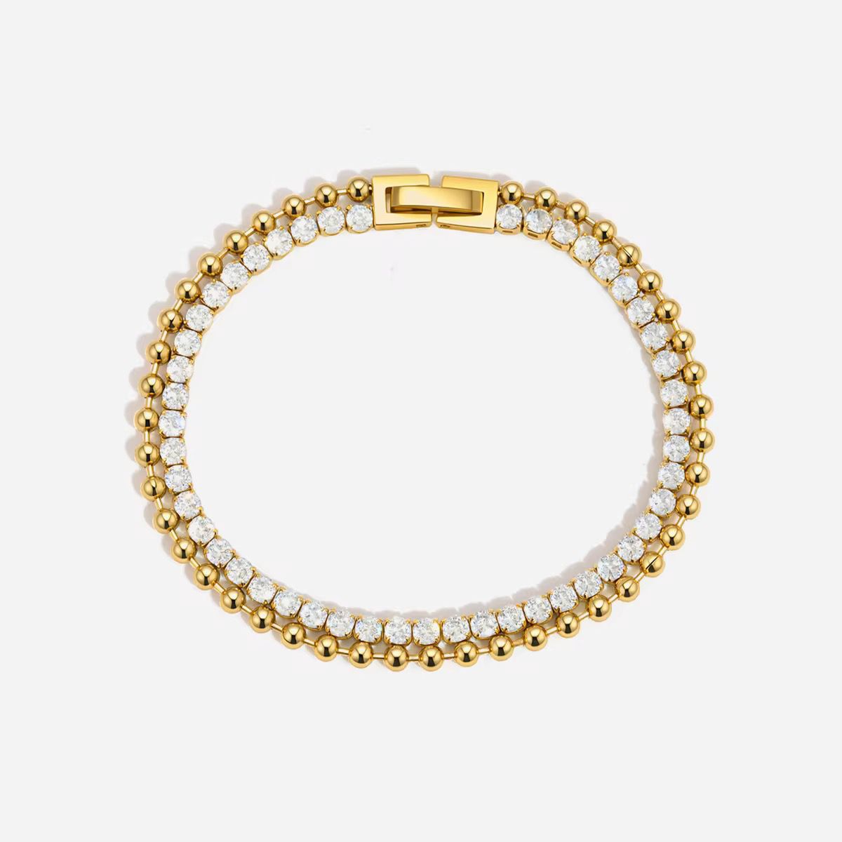 Luxury Gold Plated Tennis Bracelet – Sparkling Round Cubic Zirconia Beaded Link Bracelet for Women