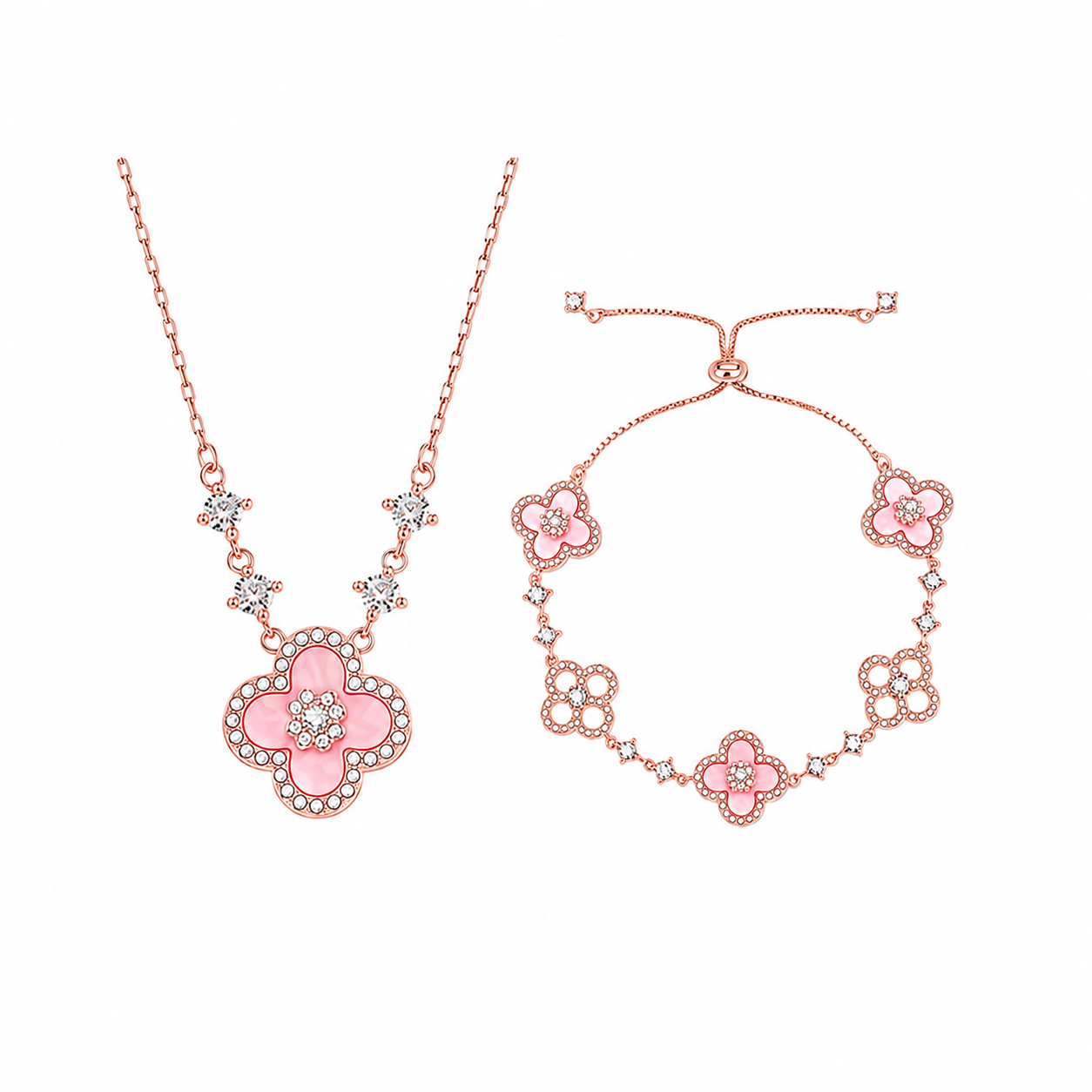 Elegant Pink Flower Jewellery Set for Women – Crystal Clover Necklace, Bracelet & Earrings Collection