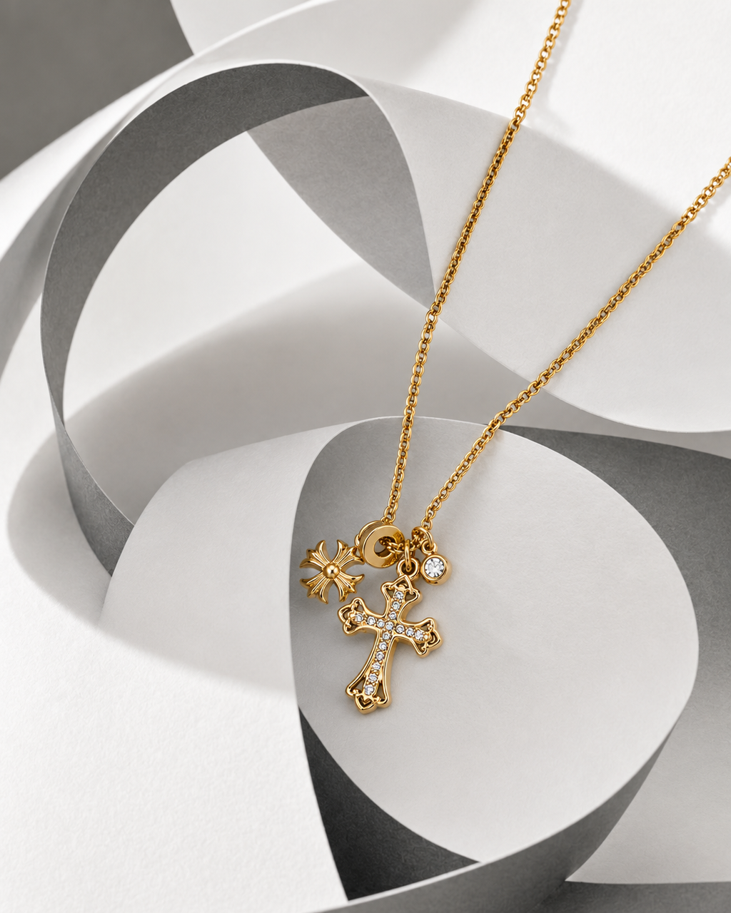 18K Gold Plated Multi-Charm Cross Pendant Necklace – Cubic Zirconia Gothic Cross Jewellery