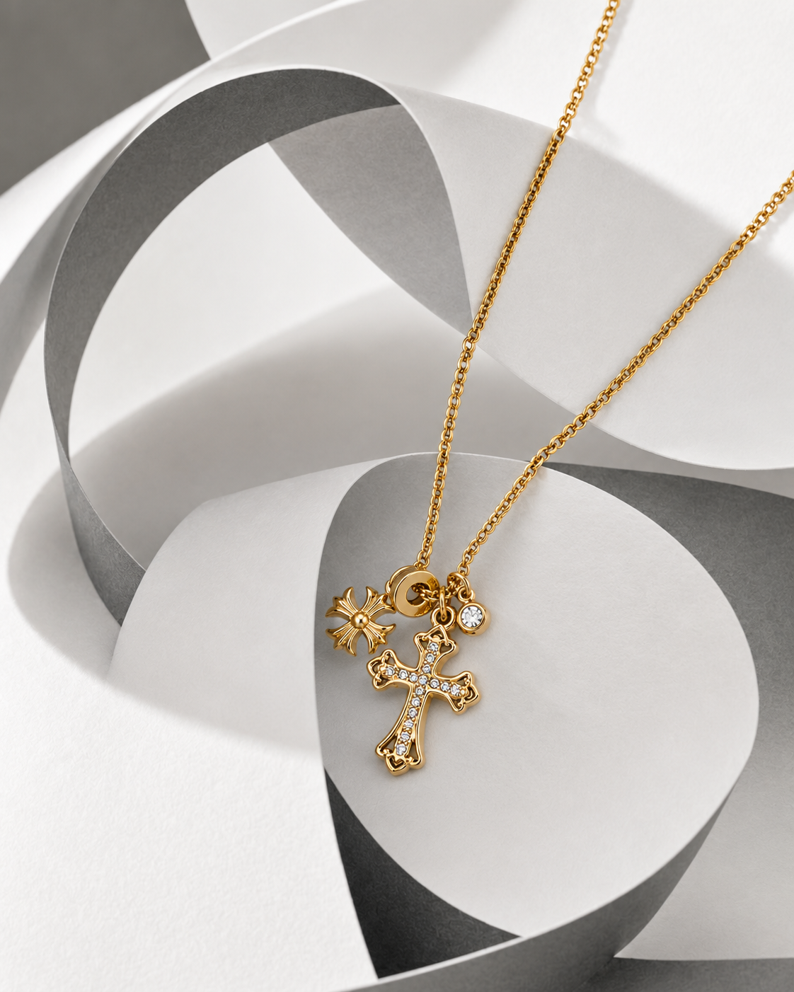 18K Gold Plated Multi-Charm Cross Pendant Necklace – Cubic Zirconia Gothic Cross Jewellery