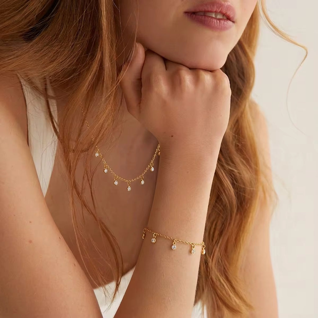 Gold-Plated Dainty Crystal Drop Jewellery Set | Necklace & Bracelet Set | Minimalist Stainless Steel Jewellery | Elegant Gift for Women