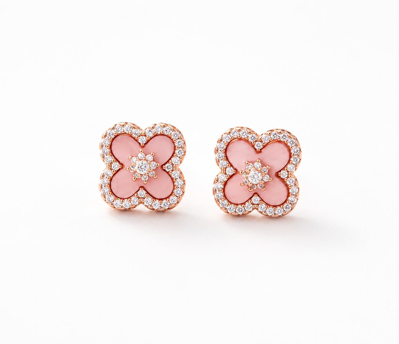 Elegant Pink Flower Jewellery Set for Women – Crystal Clover Necklace, Bracelet & Earrings Collection