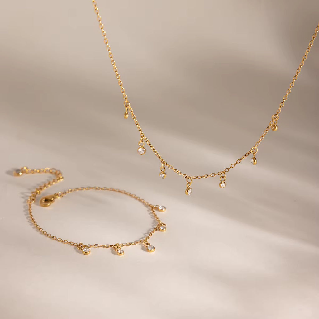 Gold-Plated Dainty Crystal Drop Jewellery Set | Necklace & Bracelet Set | Minimalist Stainless Steel Jewellery | Elegant Gift for Women
