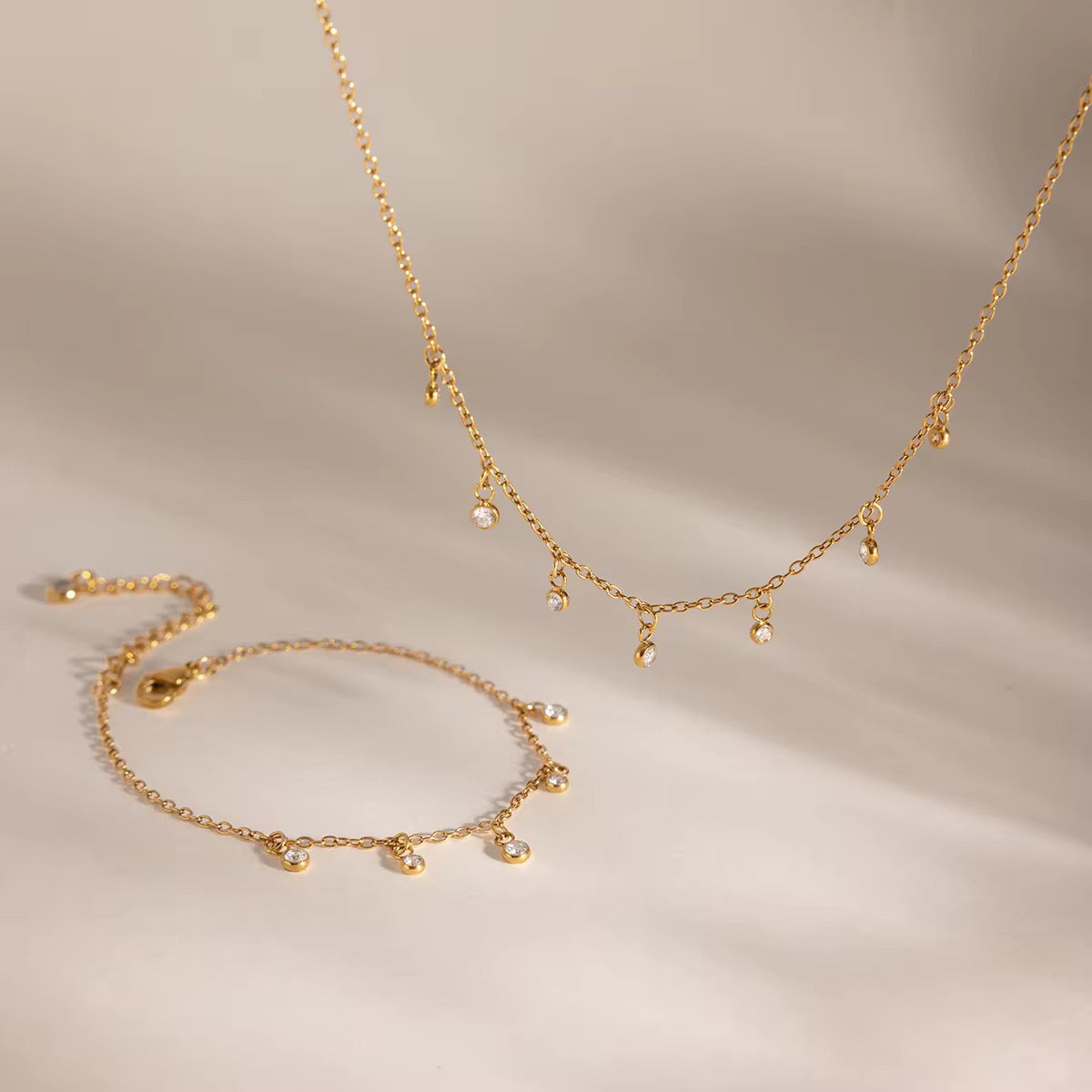 Gold-Plated Dainty Crystal Drop Jewellery Set | Necklace & Bracelet Set | Minimalist Stainless Steel Jewellery | Elegant Gift for Women