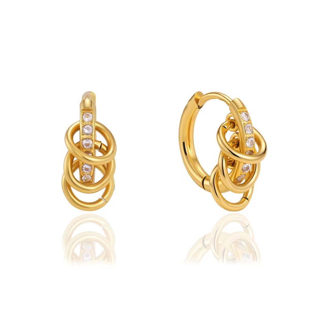 Stainless Steel Gold Triple Link Hoop Earrings with Cubic Zirconia – Waterproof, Tarnish-Resistant & Hypoallergenic Statement Earrings for Women