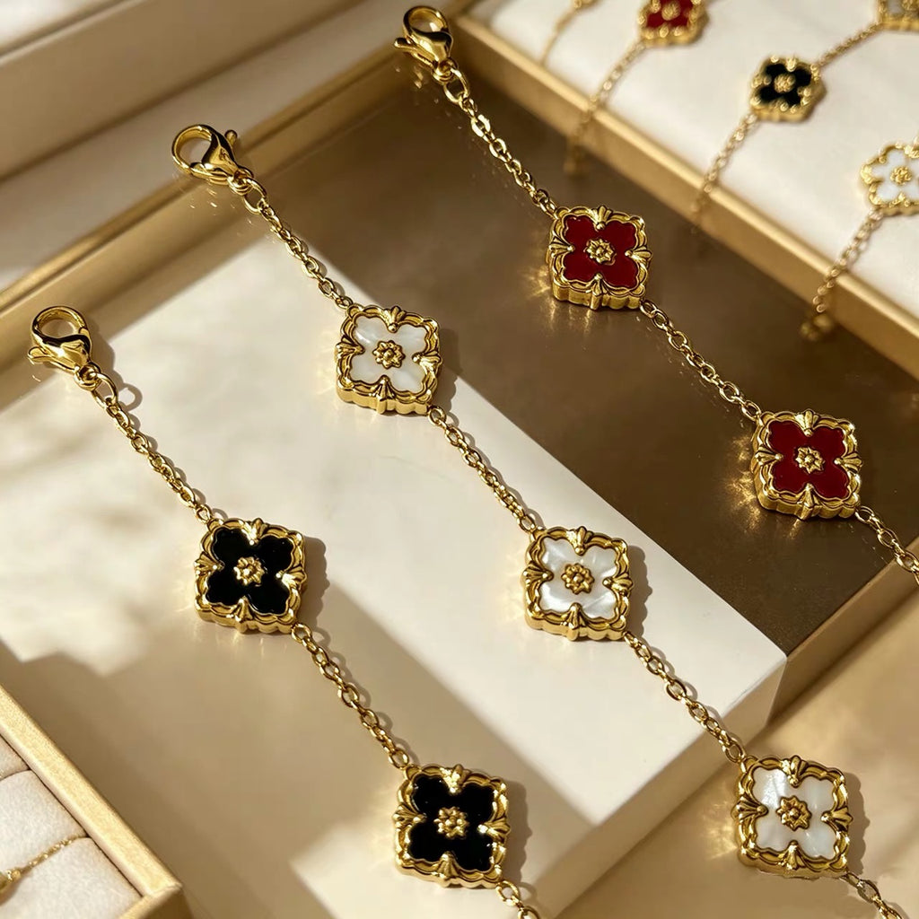 Gold-Plated Four-Leaf Clover Jewellery Set | Necklace, Bracelet & Stud Earrings | Floral Enamel Design | Gift for Women