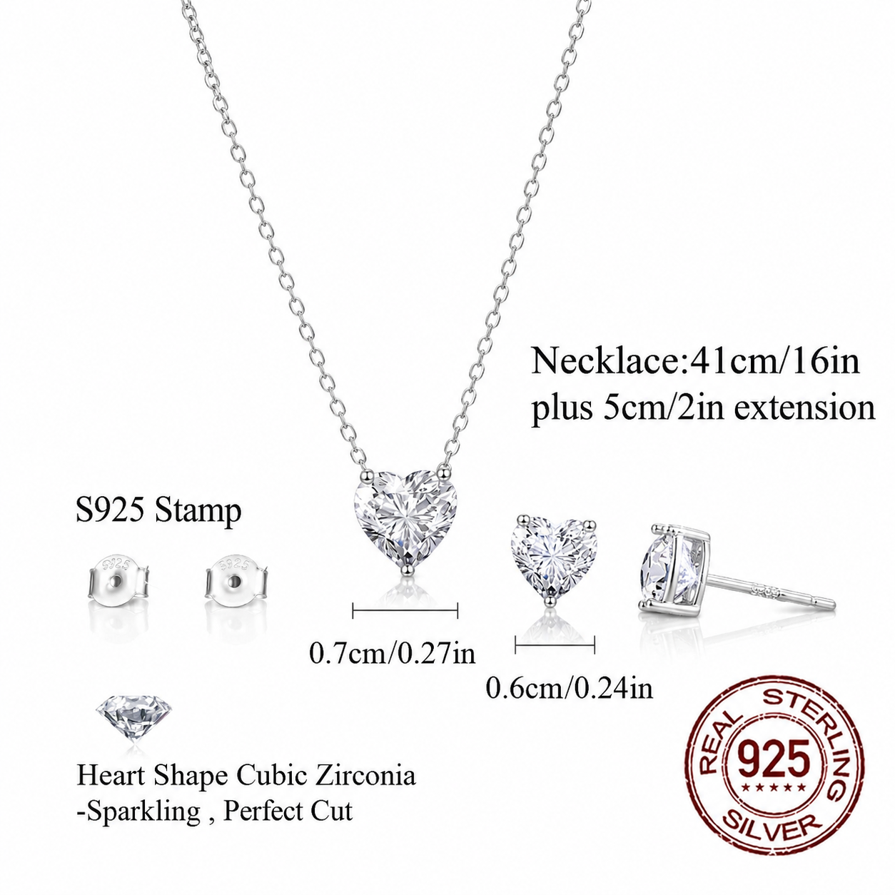 925 Sterling Silver Heart Cut Cubic Zirconia Necklace & Stud Earrings Jewellery Set for Women – Elegant Matching Silver Gift Set