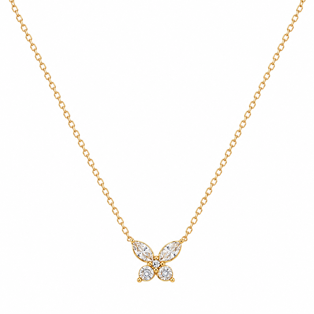 18K Gold Crystal Butterfly Pendant Necklace – Delicate Marquise Cubic Zirconia Chain