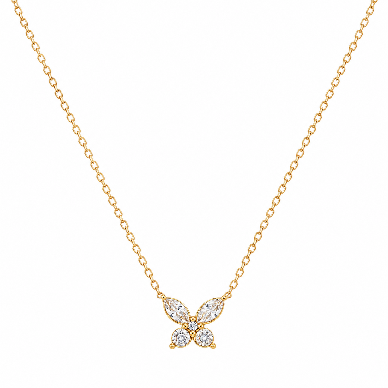 18K Gold Crystal Butterfly Pendant Necklace – Delicate Marquise Cubic Zirconia Chain