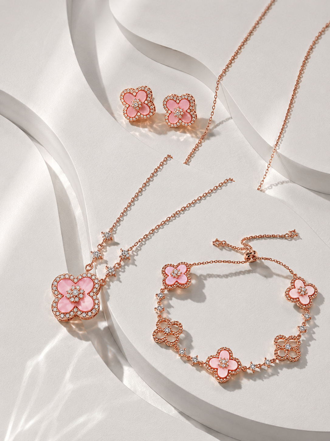 Elegant Pink Flower Jewellery Set for Women – Crystal Clover Necklace, Bracelet & Earrings Collection