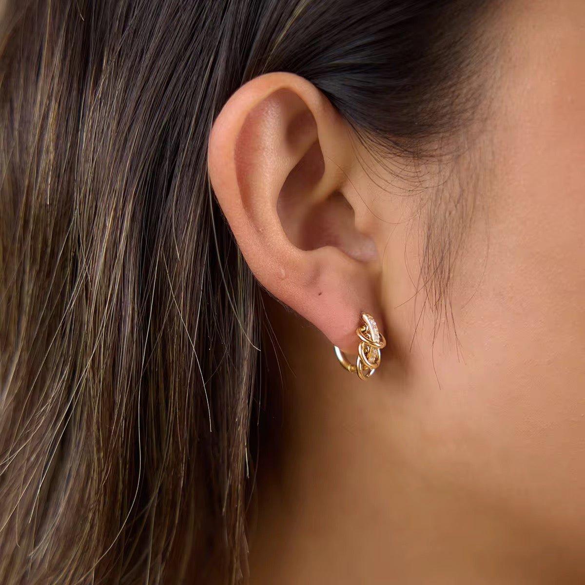 Stainless Steel Gold Triple Link Hoop Earrings with Cubic Zirconia – Waterproof, Tarnish-Resistant & Hypoallergenic Statement Earrings for Women