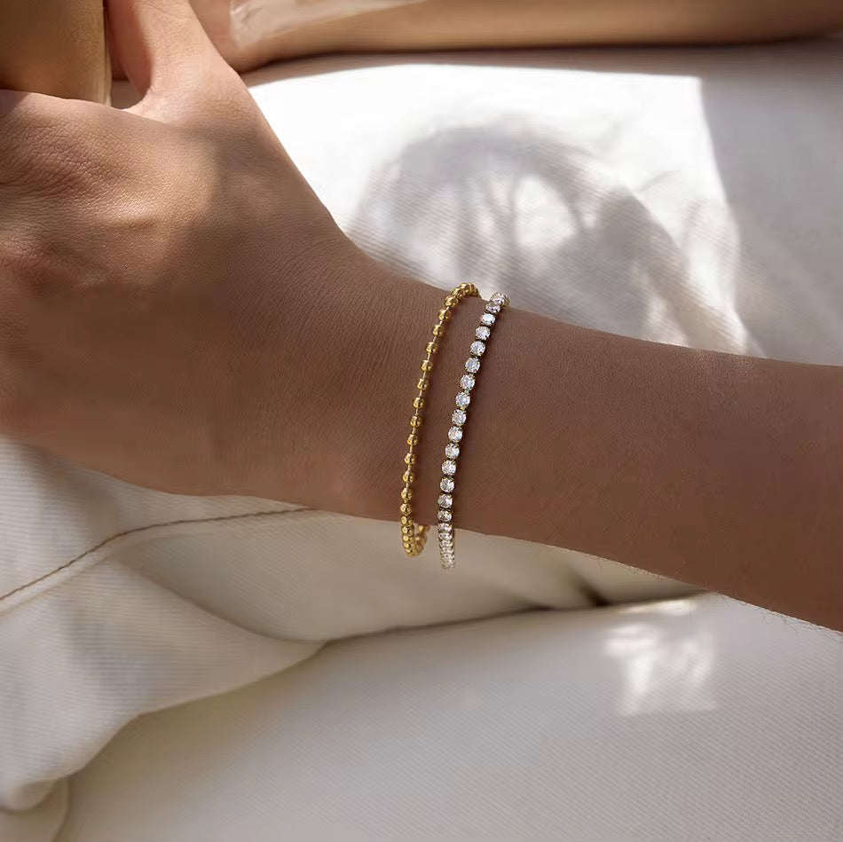 Luxury Gold Plated Tennis Bracelet – Sparkling Round Cubic Zirconia Beaded Link Bracelet for Women