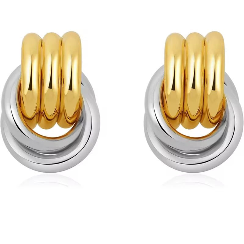Two-Tone Knot Stud Earrings – Gold & Silver Interlocking Statement Earrings for Women