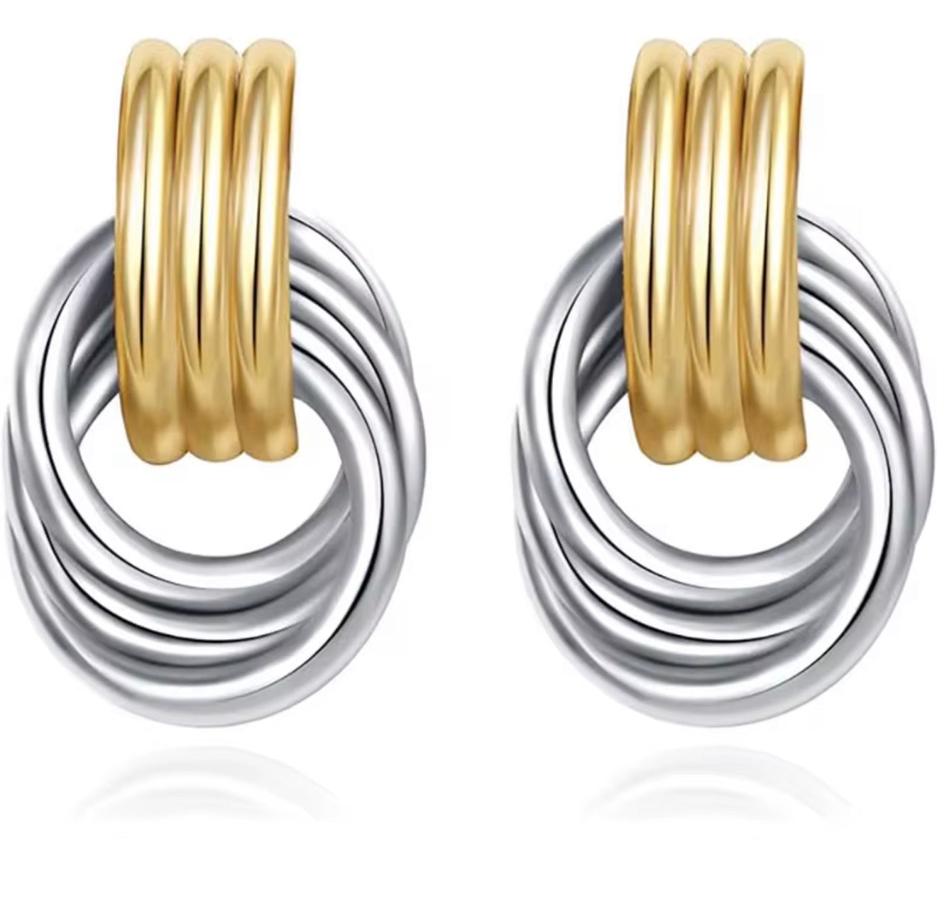 Two-Tone Knot Stud Earrings – Gold & Silver Interlocking Statement Earrings for Women