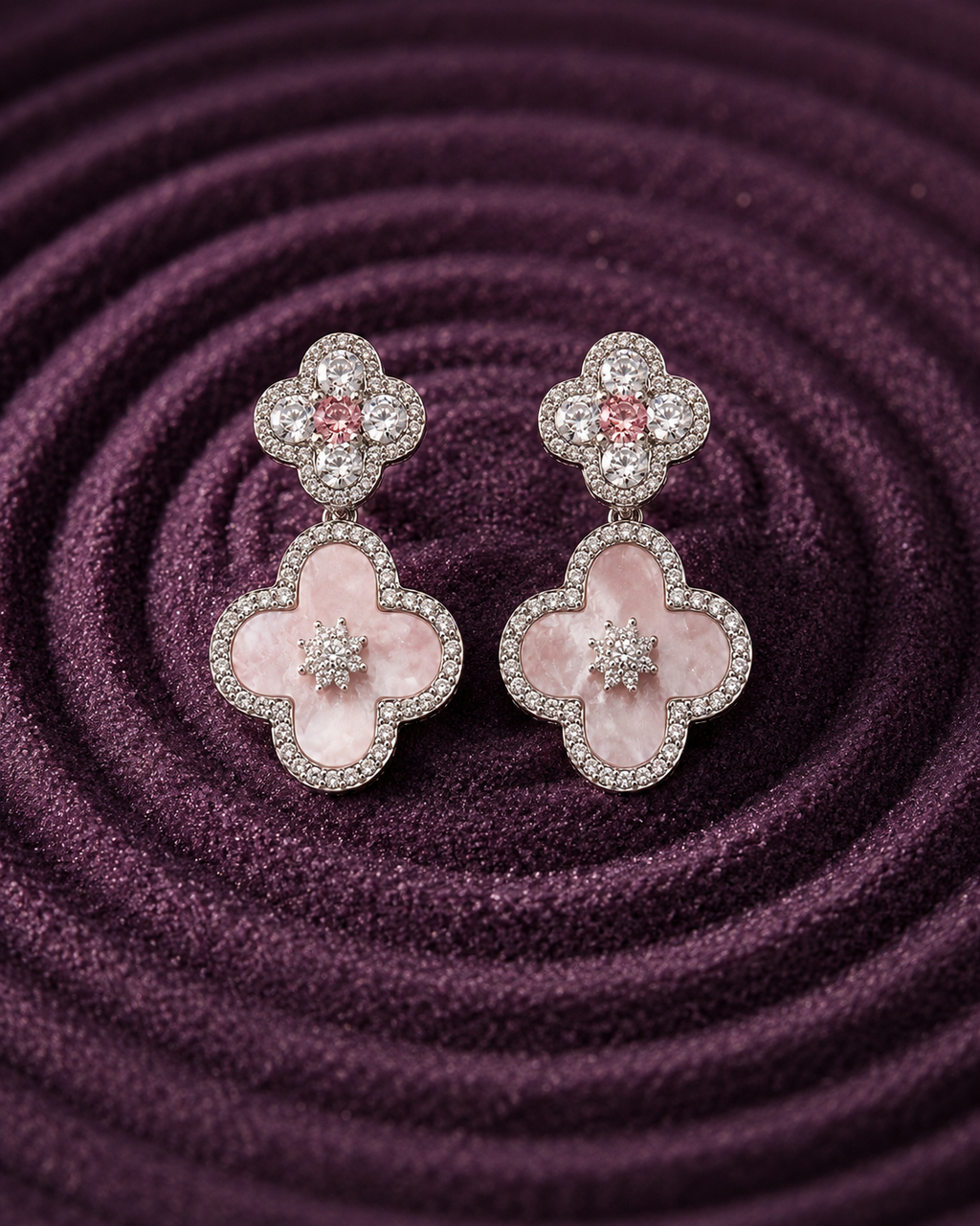 Luxury Four-Leaf Clover Earrings with Pink Stone & CZ Crystals for Women – Elegant Floral Drop Statement Jewellery