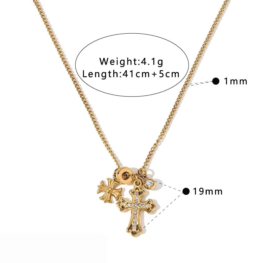 18K Gold Plated Multi-Charm Cross Pendant Necklace – Cubic Zirconia Gothic Cross Jewellery
