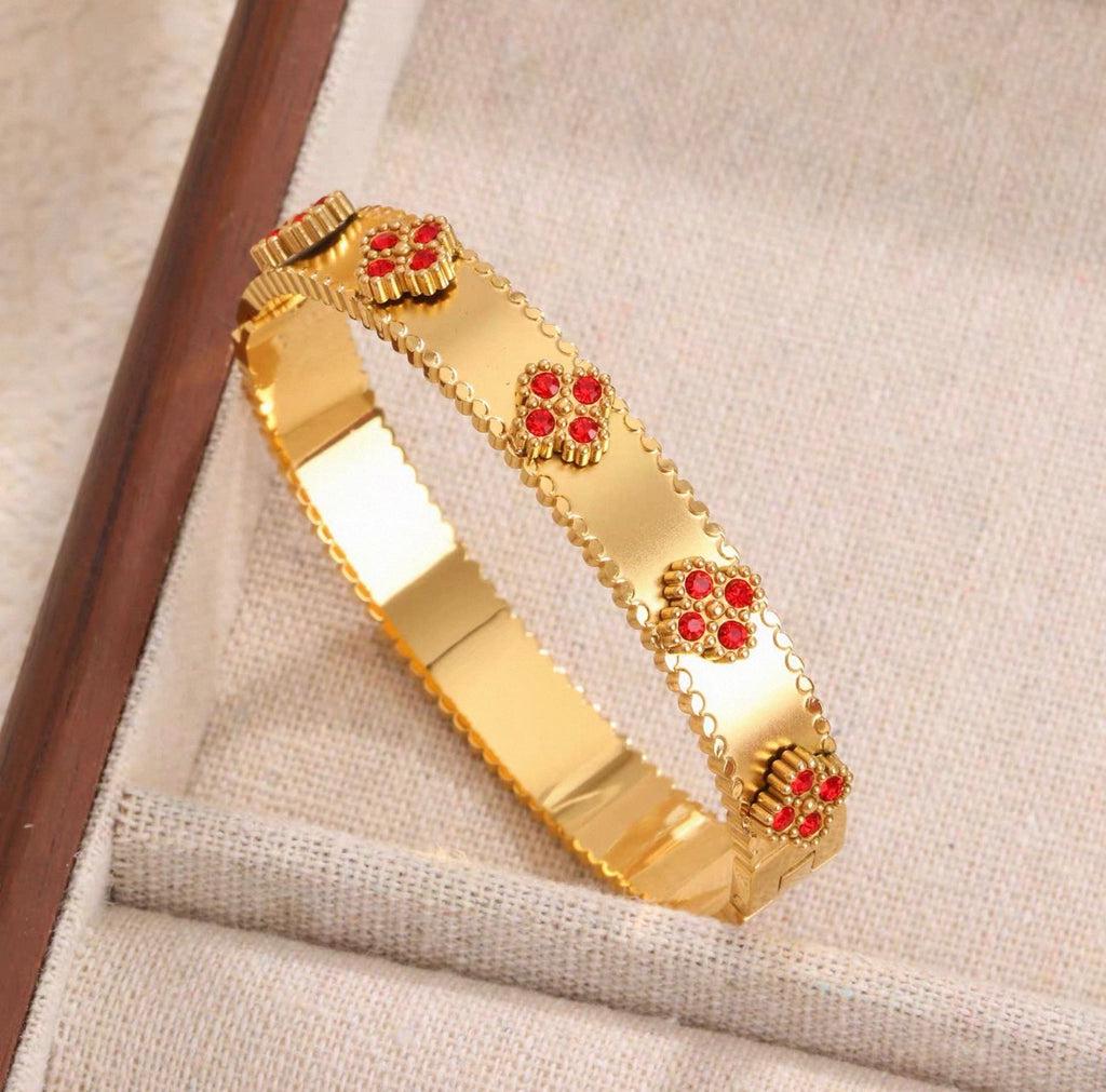 Ruby Crystal Alhambra Bangle – Luxury Gold Clover Bracelet for Women