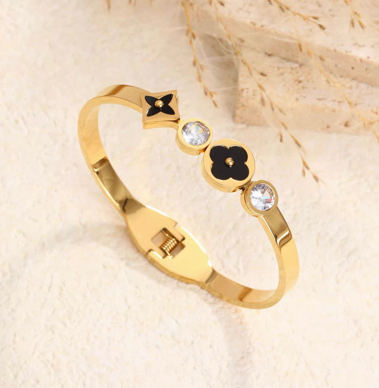 Midnight Bloom Bangle – Luxury Black Clover &amp; Crystal Gold Bracelet