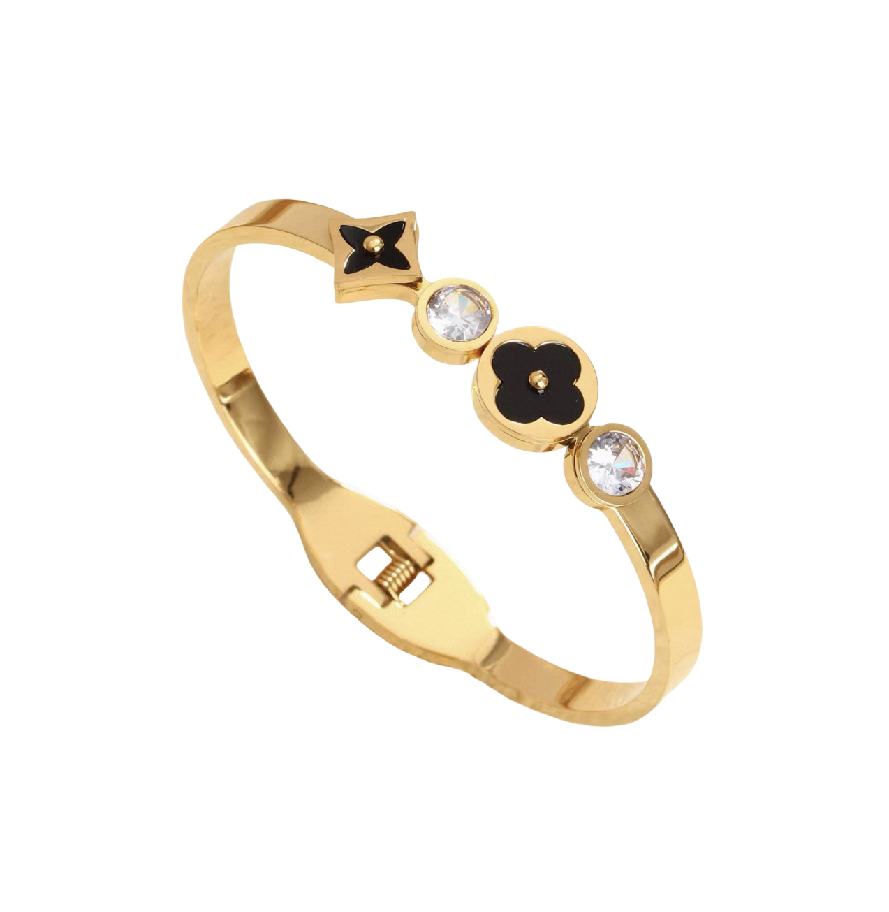 Midnight Bloom Bangle – Luxury Black Clover &amp; Crystal Gold Bracelet
