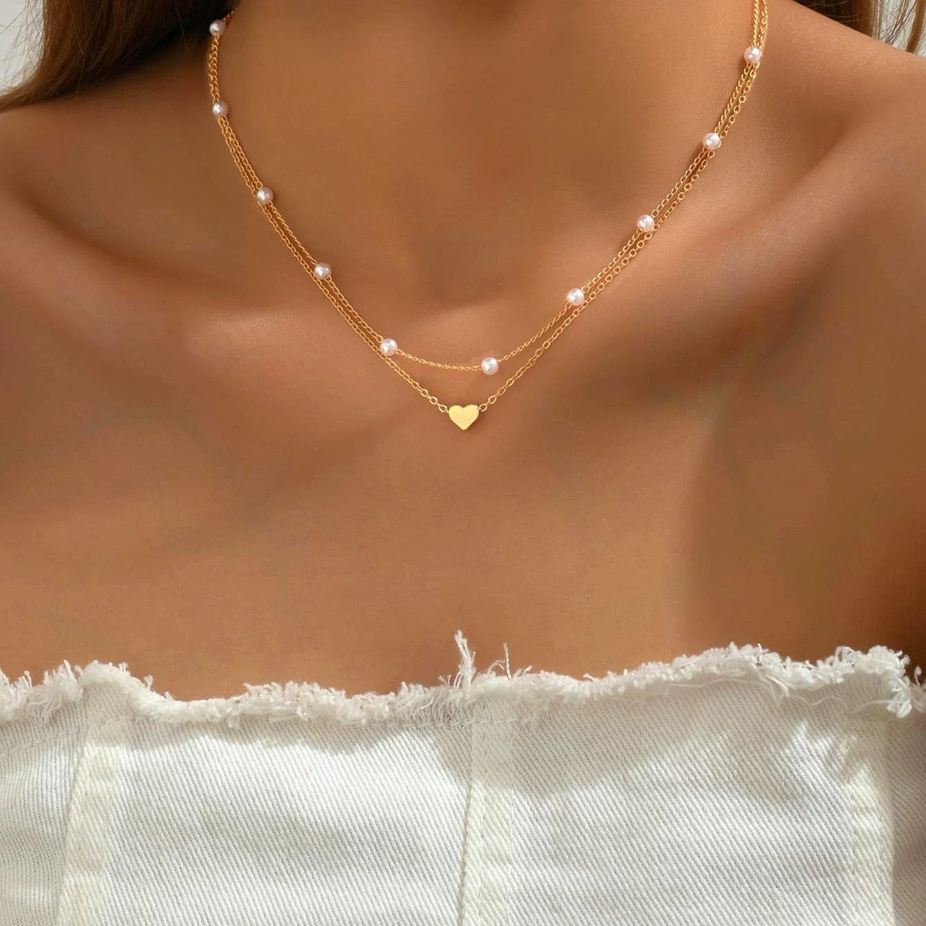 Layered Pearl & Heart Necklace