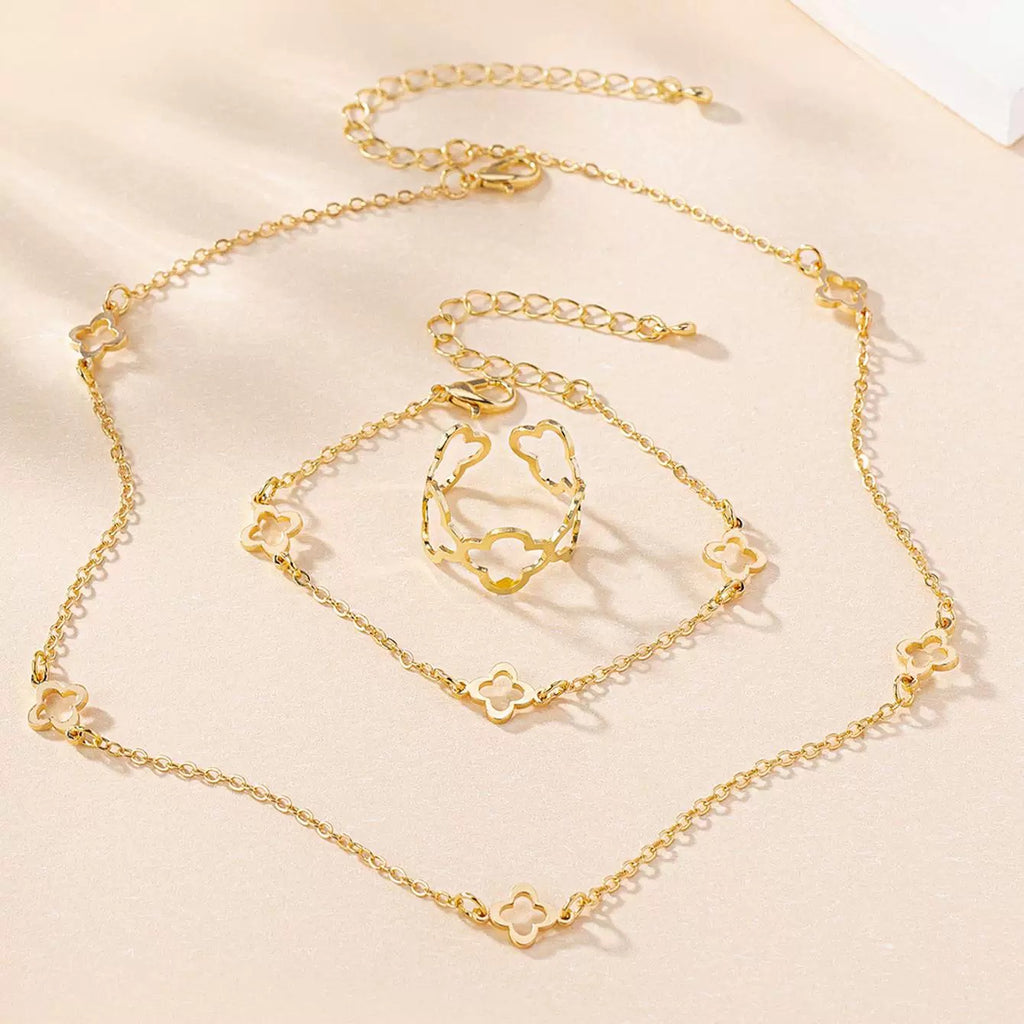 Minimalist Clover Motif Necklace, Bracelet & Ring Set