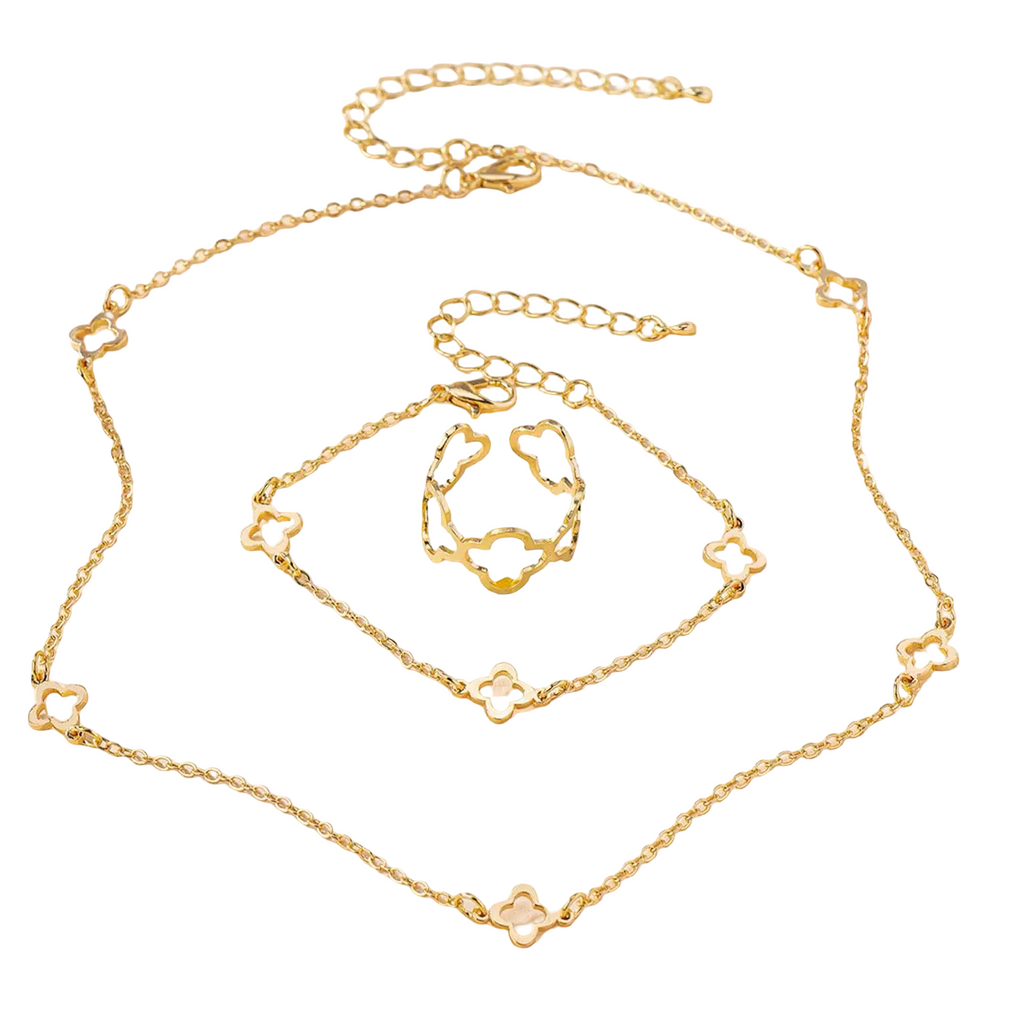 Minimalist Clover Motif Necklace, Bracelet & Ring Set
