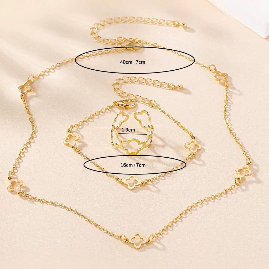 Minimalist Clover Motif Necklace, Bracelet & Ring Set