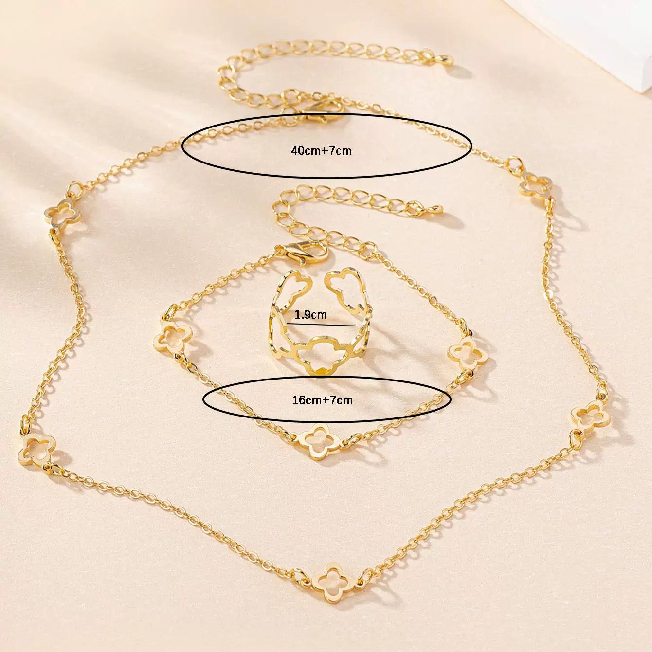 Minimalist Clover Motif Necklace, Bracelet & Ring Set