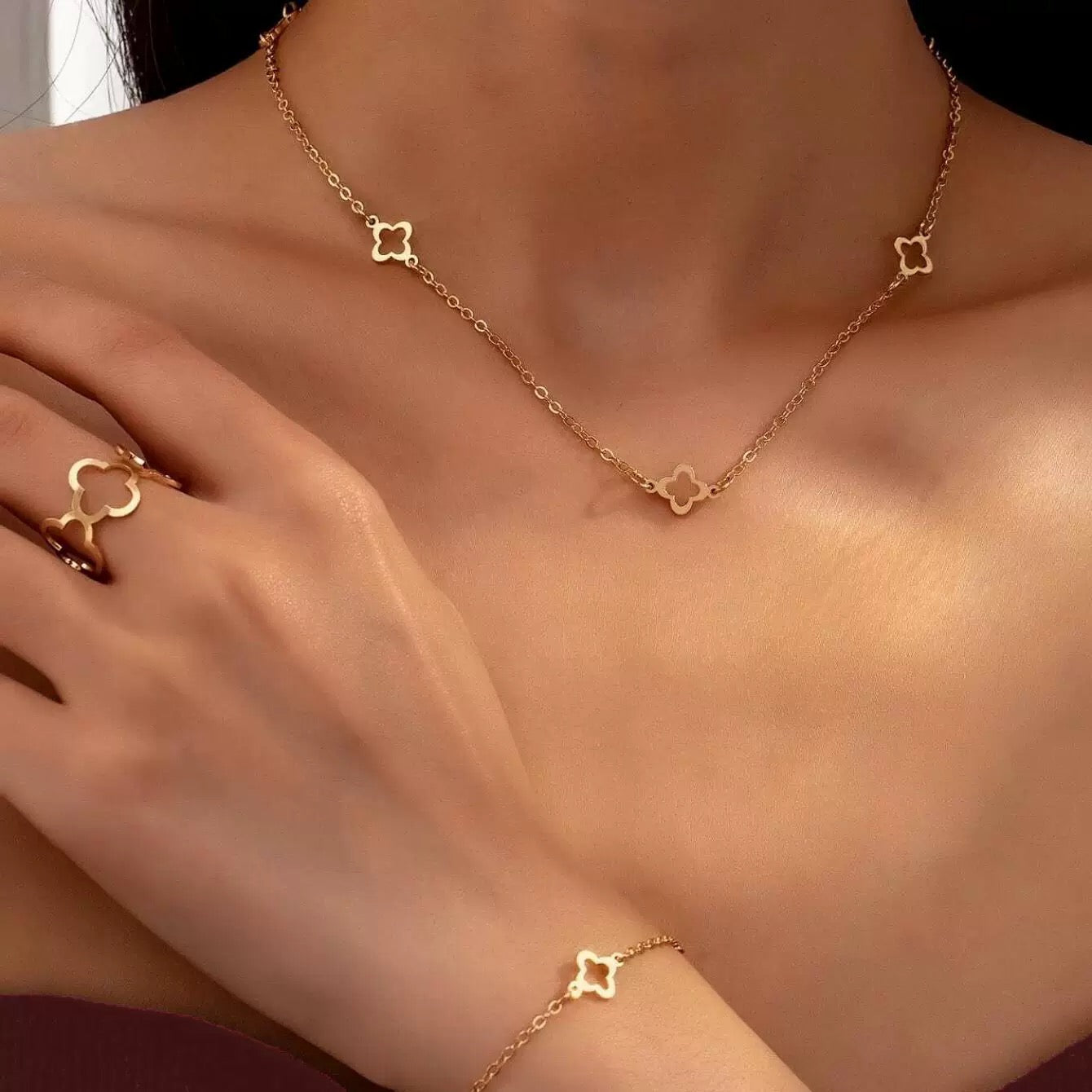 Minimalist Clover Motif Necklace, Bracelet & Ring Set