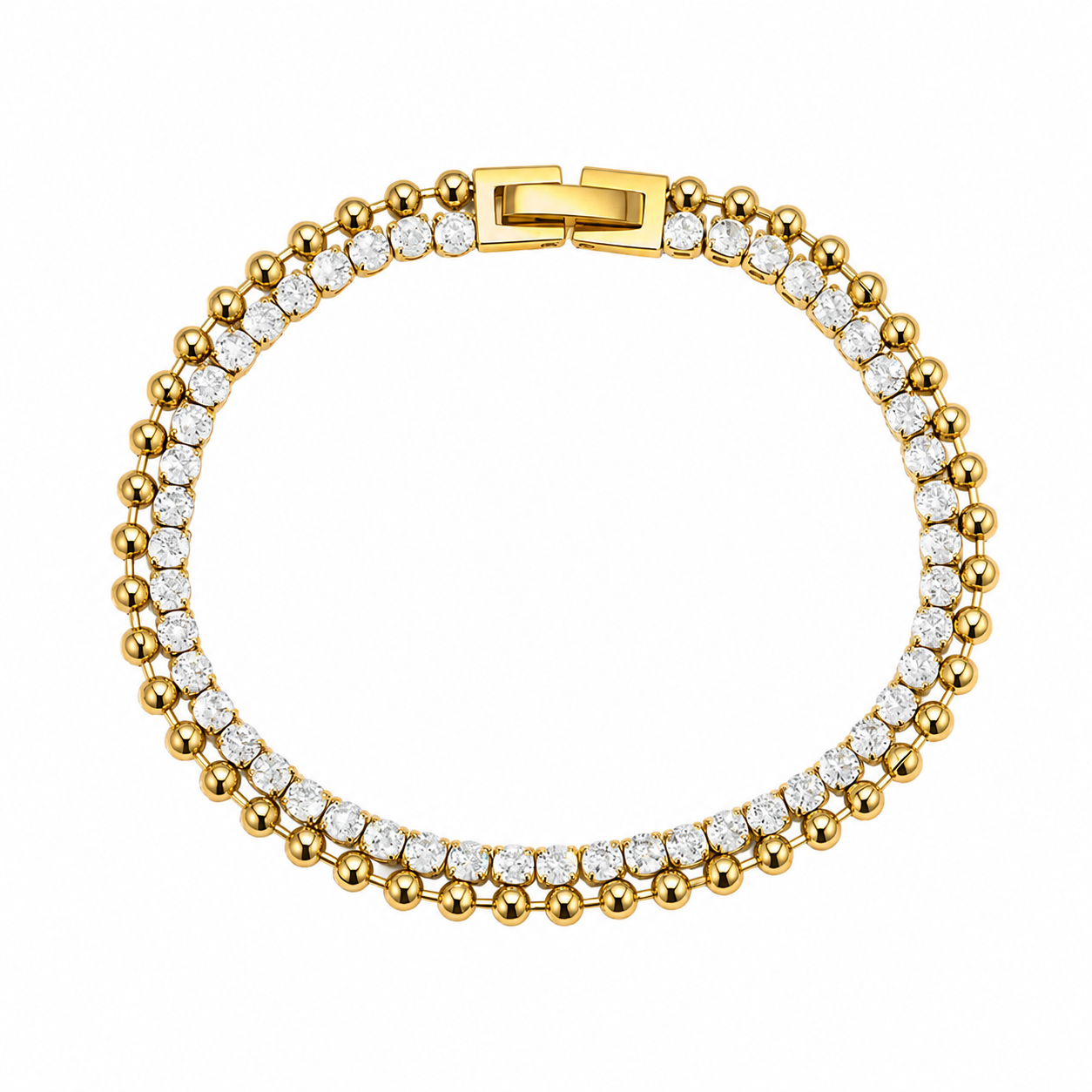 Luxury Gold Plated Tennis Bracelet – Sparkling Round Cubic Zirconia Beaded Link Bracelet for Women