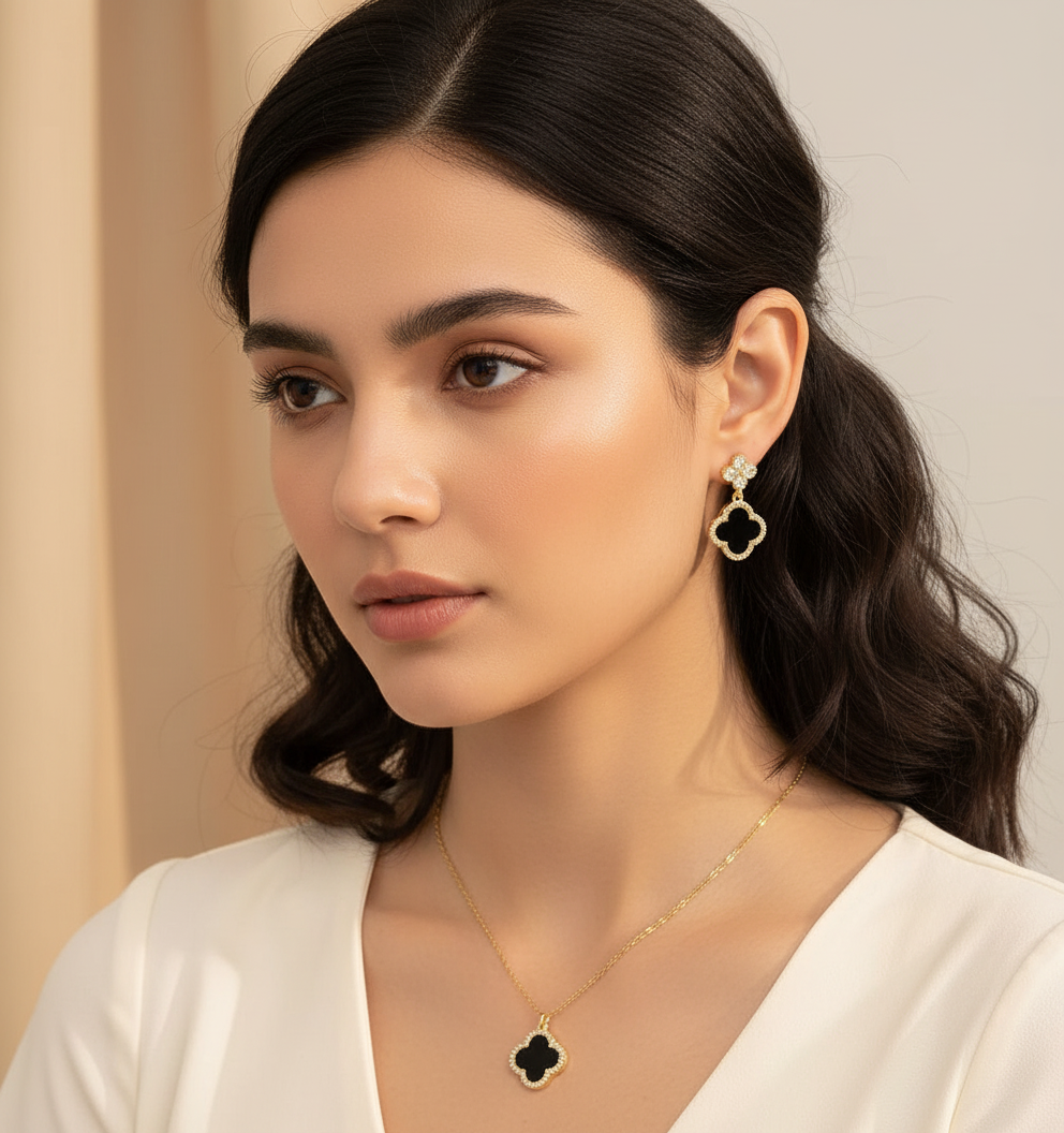 18K Gold Plated Stainless Steel Four Leaf Clover Pendant Necklace and Earrings Set