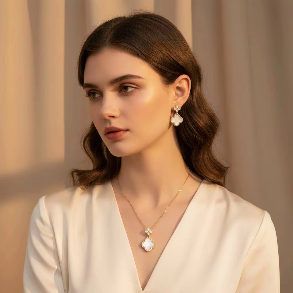 18K Gold Plated Stainless Steel Four Leaf Clover Pendant Necklace and Earrings Set