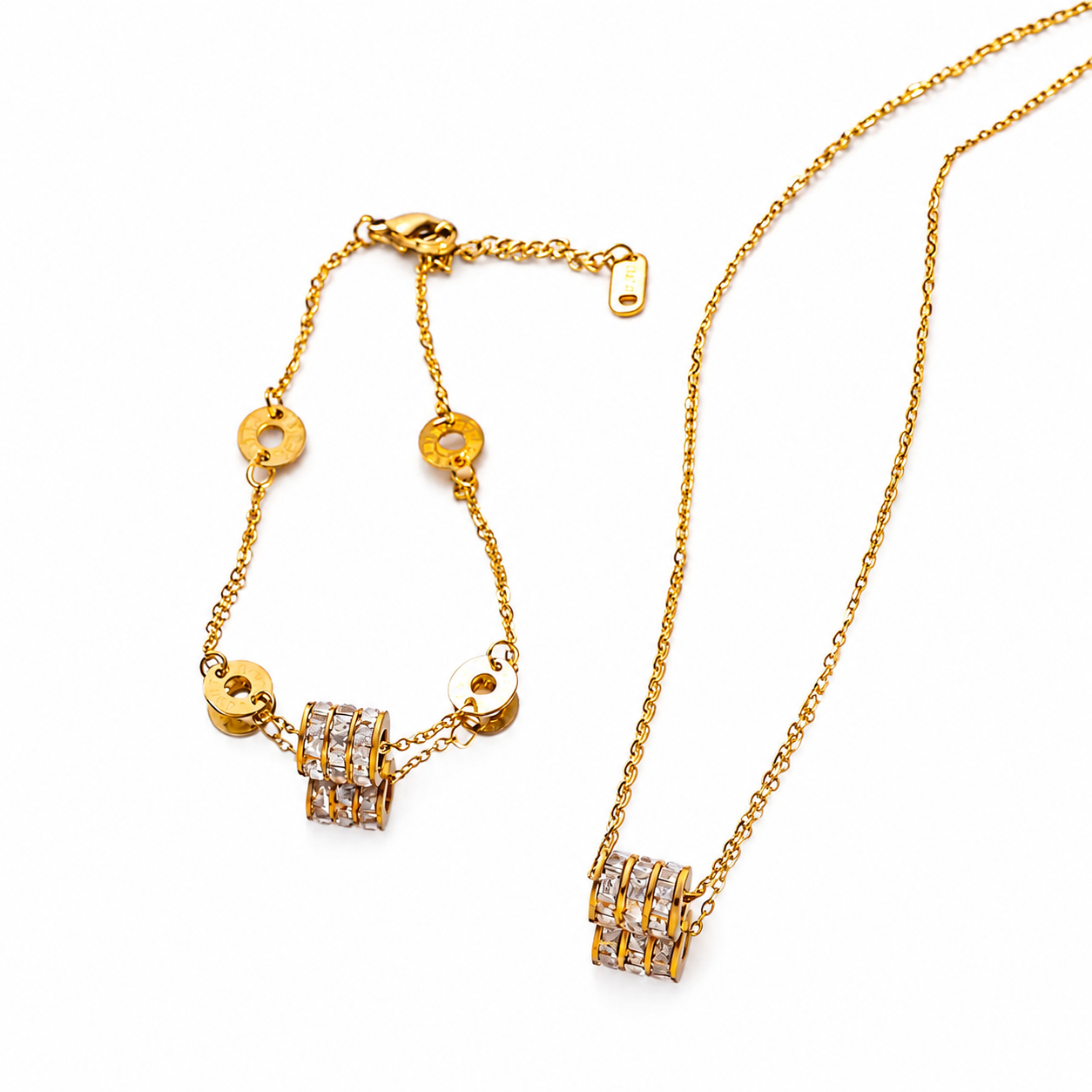 The Eternal Barrel Collection – Elegant Gold Necklace & Bracelet Set for Women