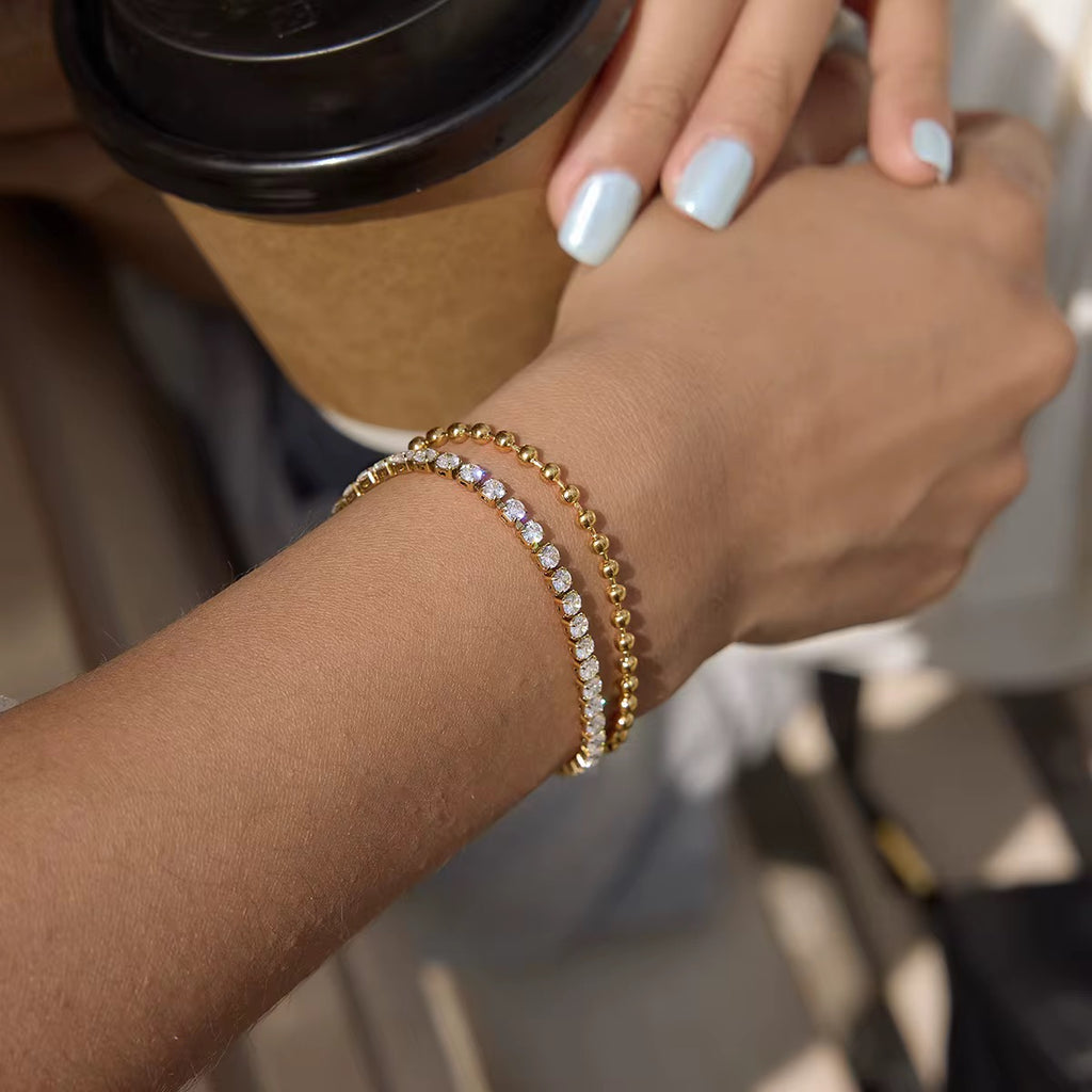 Luxury Gold Plated Tennis Bracelet – Sparkling Round Cubic Zirconia Beaded Link Bracelet for Women