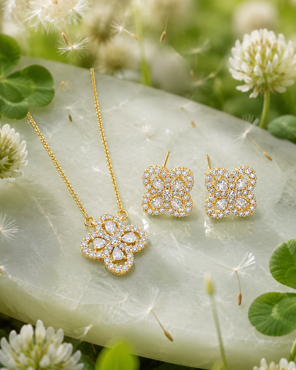 Classic Floral Jewellery Set – Cubic Zirconia Necklace & Earrings